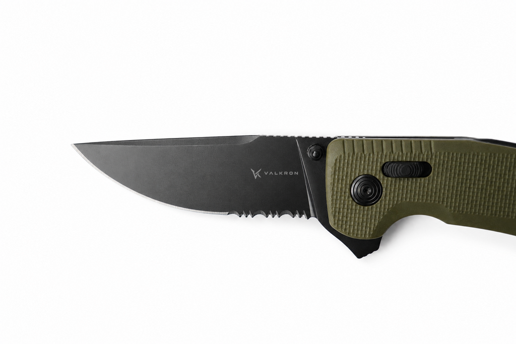 Ridgeguard folding knife blade and green handle detail