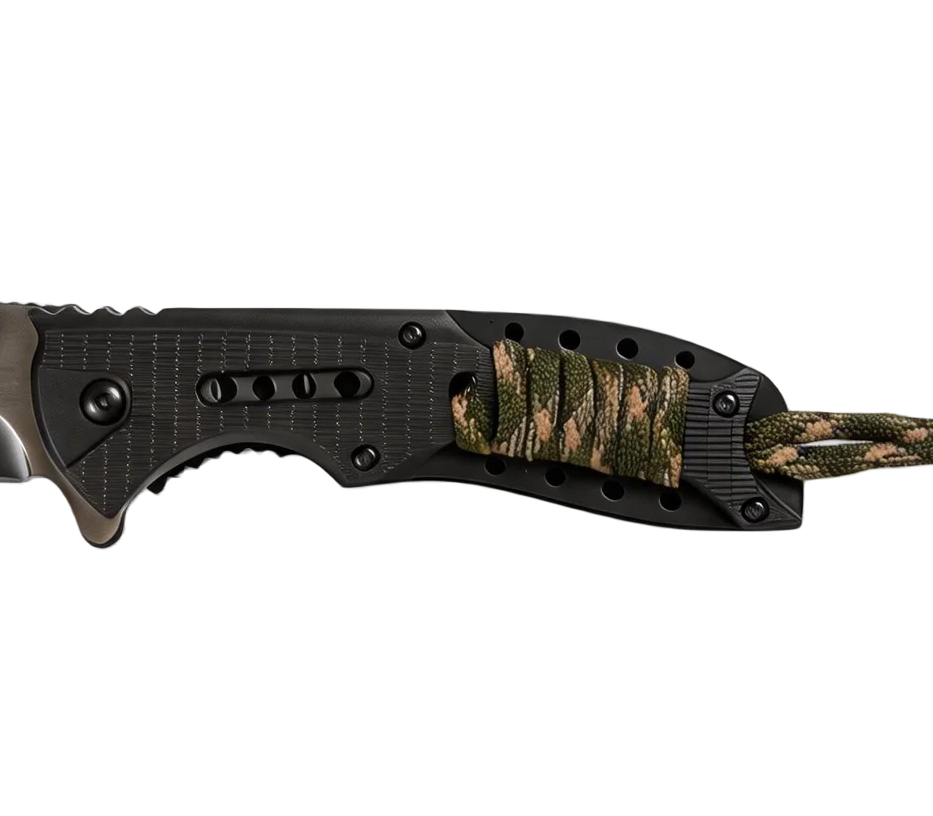 Pathfinder outdoor folding knife side view shown with lanyard