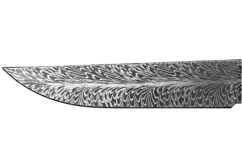 Close-up of Ridgewalker Damascus hunting knife patterned blade