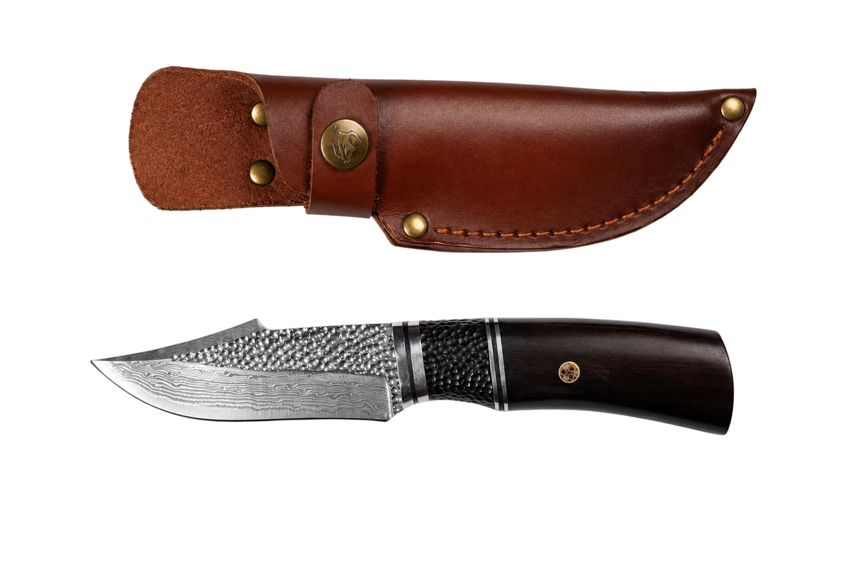 Ironwood Damascus fixed blade hunting knife shown with brown sheath