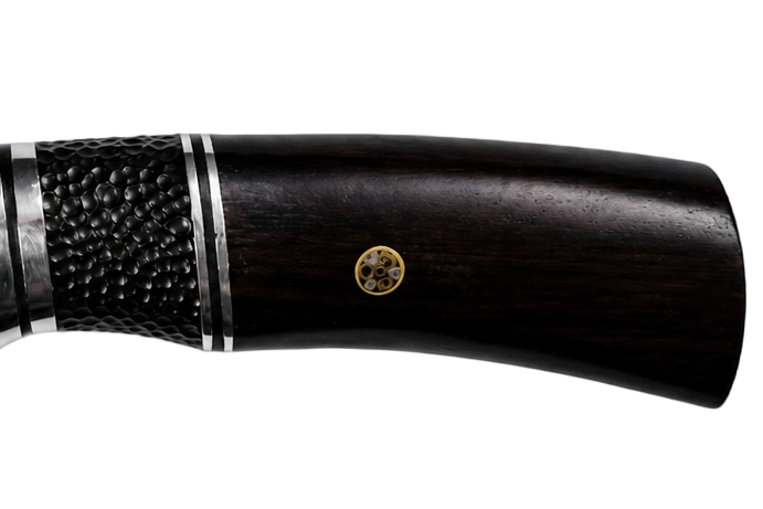 Ironwood Damascus fixed blade hunting knife shown with brown sheath