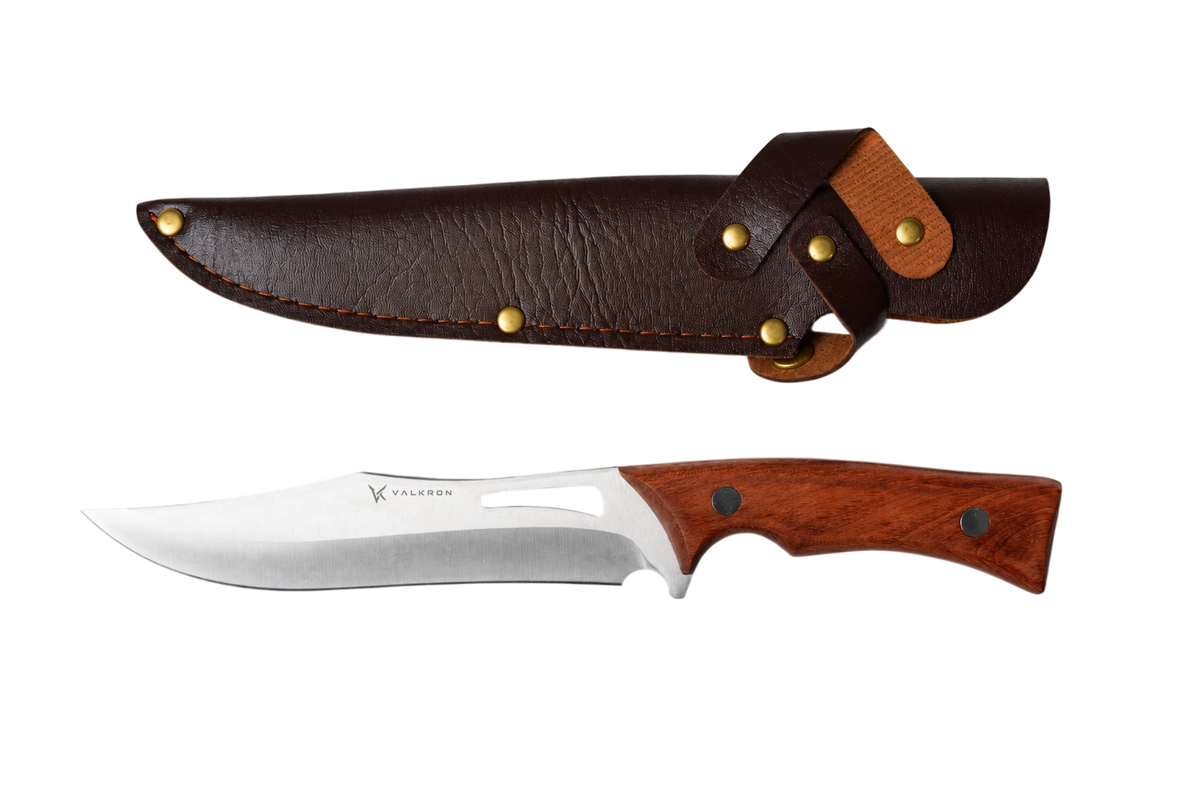 Ironpin fixed blade hunting knife displayed with matching brown sheath