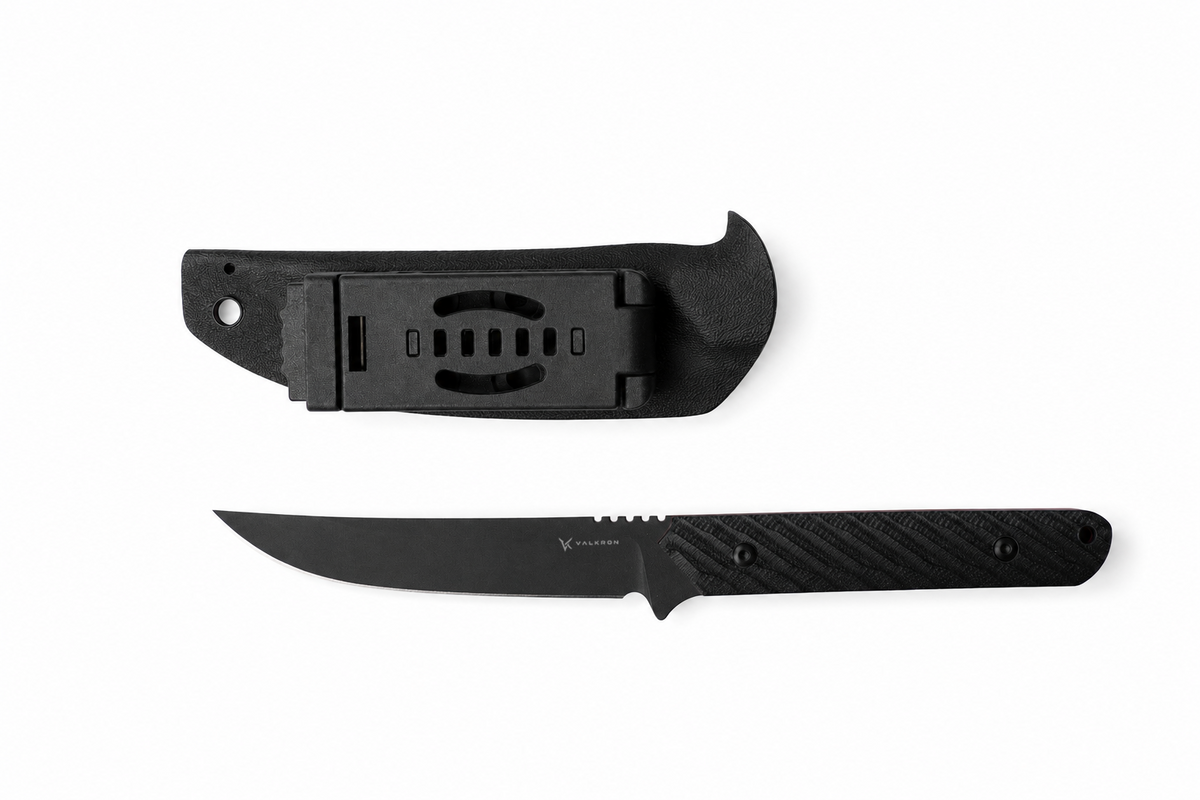 Nightreaver fixed blade knife shown with black sheath by VALKRON