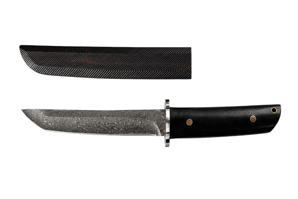 Blackthorn Damascus fixed blade knife shown with black sheath
