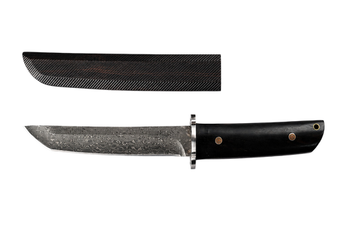Blackthorn Damascus fixed blade knife shown with black sheath