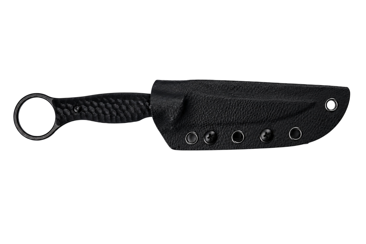 Black Finch EDC fixed blade knife displayed with black sheath