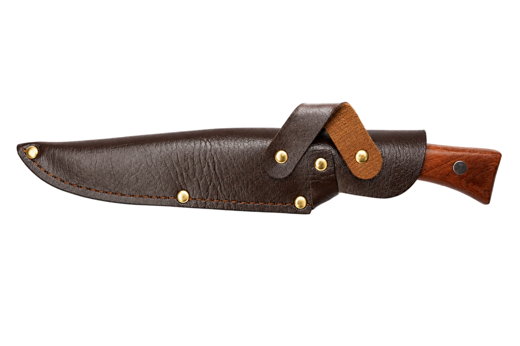 Ironpin fixed blade hunting knife shown in brown sheath