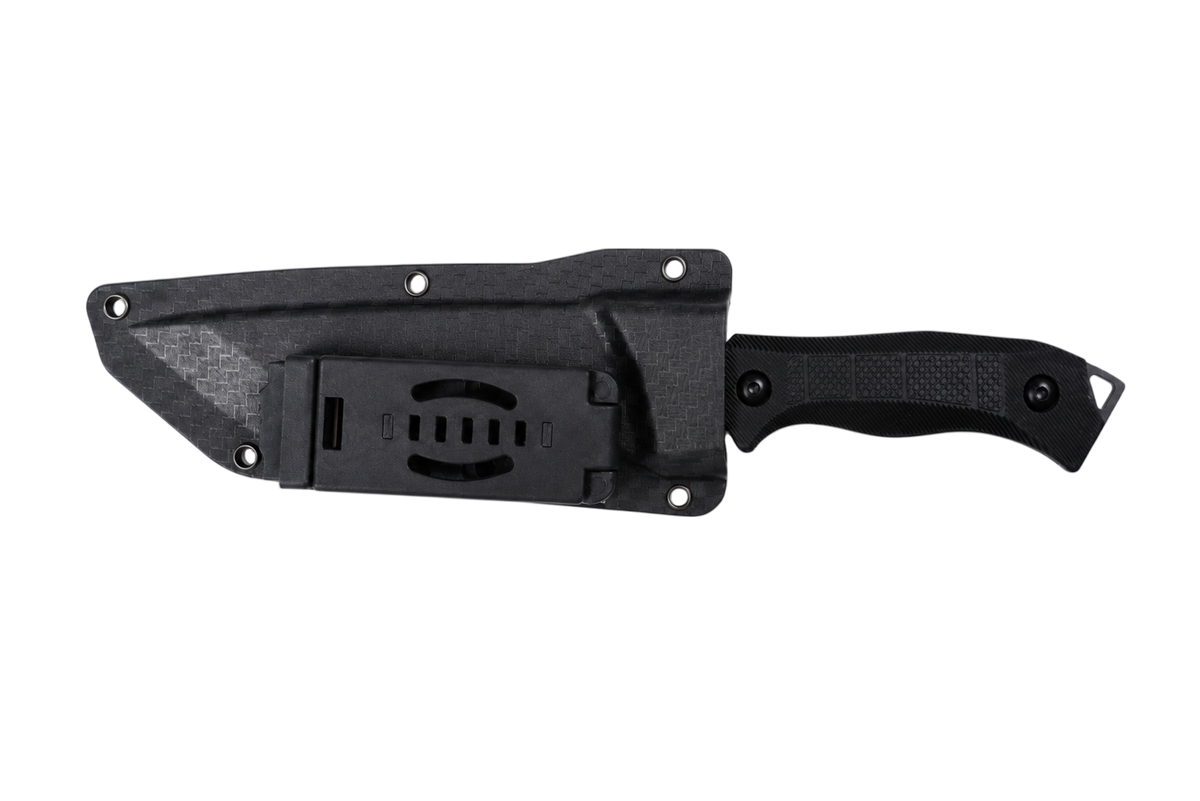 Obsidian outdoor fixed blade knife shown with black sheath