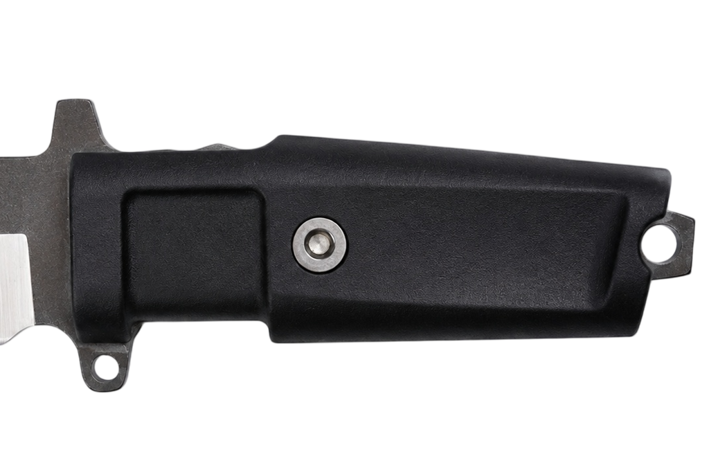 Raven tanto fixed blade knife displayed with black sheath