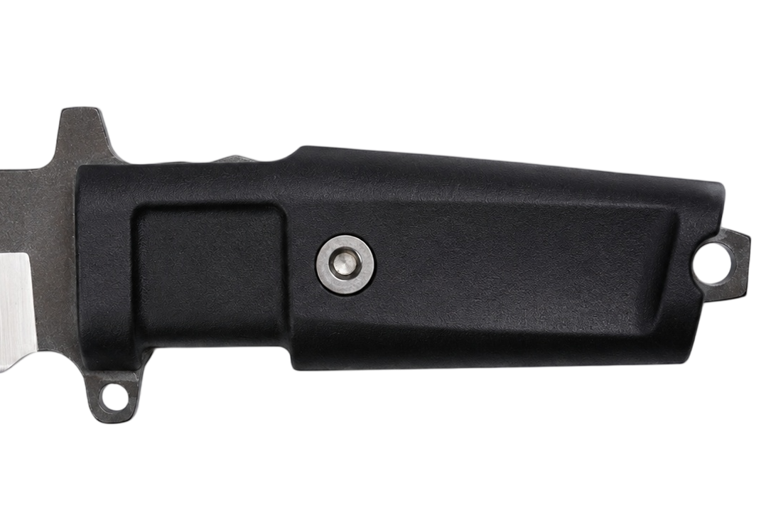 Raven tanto fixed blade knife displayed with black sheath