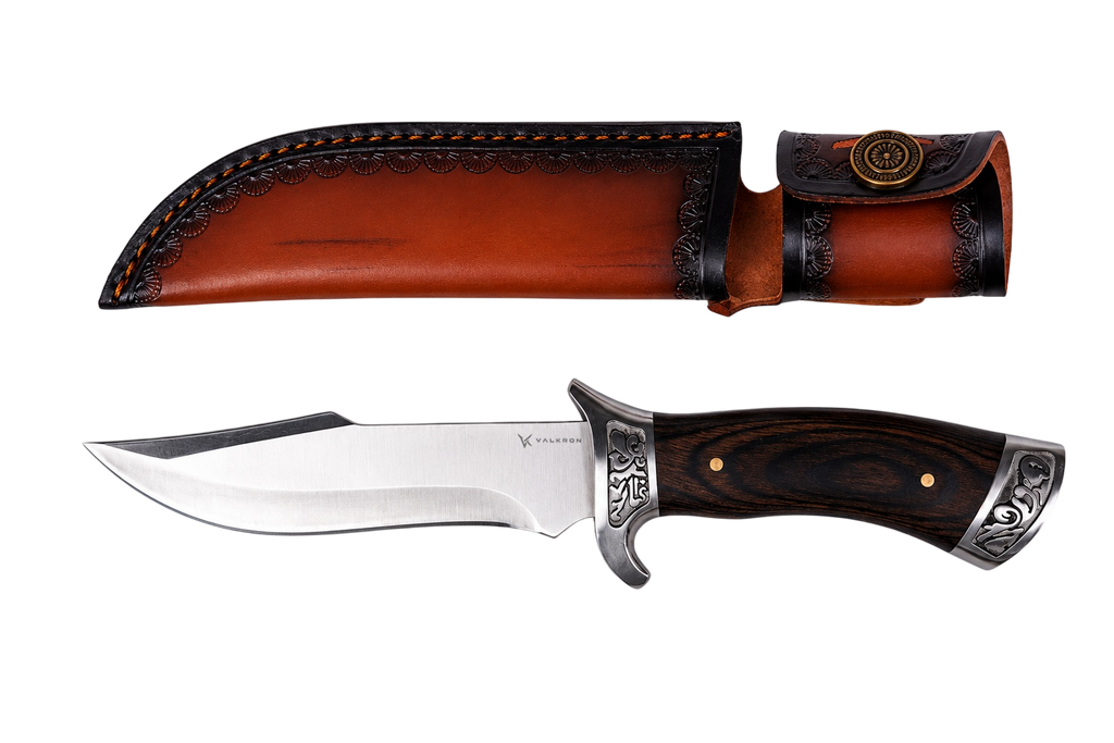Longhorn Bowie fixed blade knife shown with brown sheath