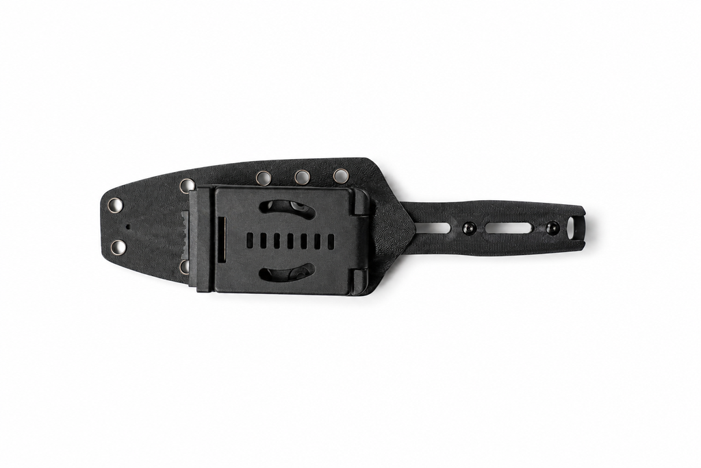 Shadowlance fixed blade knife secured in black sheath