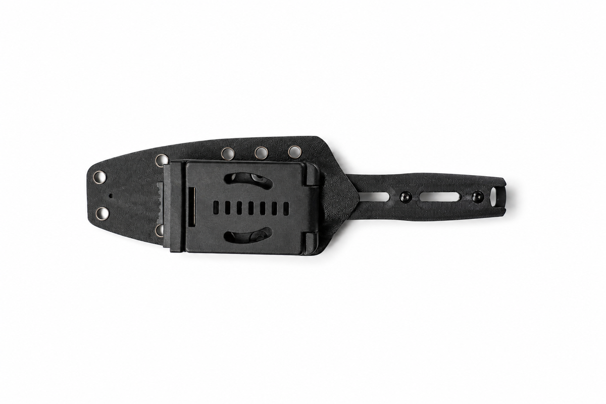 Shadowlance fixed blade knife secured in black sheath