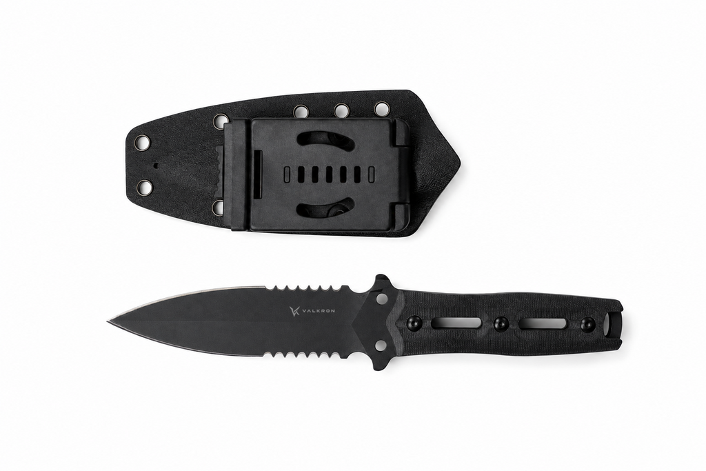 Shadowlance fixed blade knife shown with black sheath