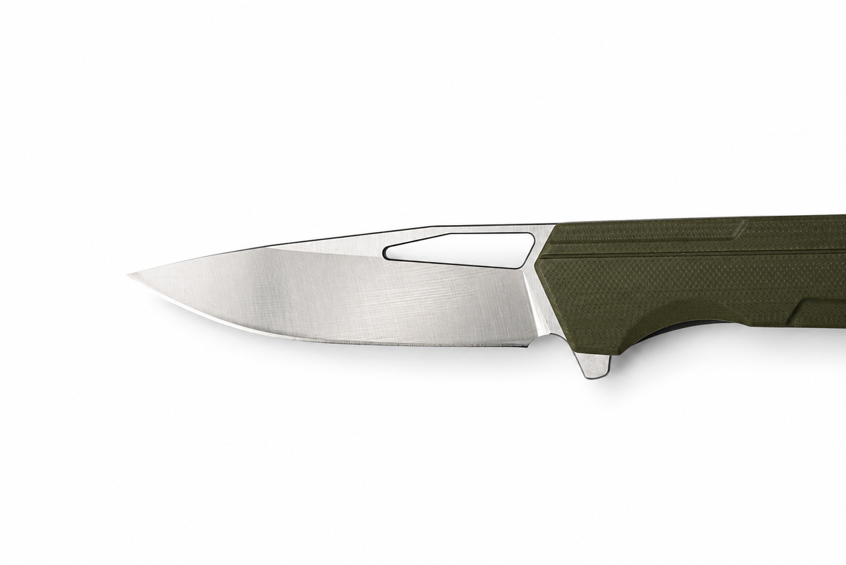 Verdant Edge folding knife blade and green handle detail