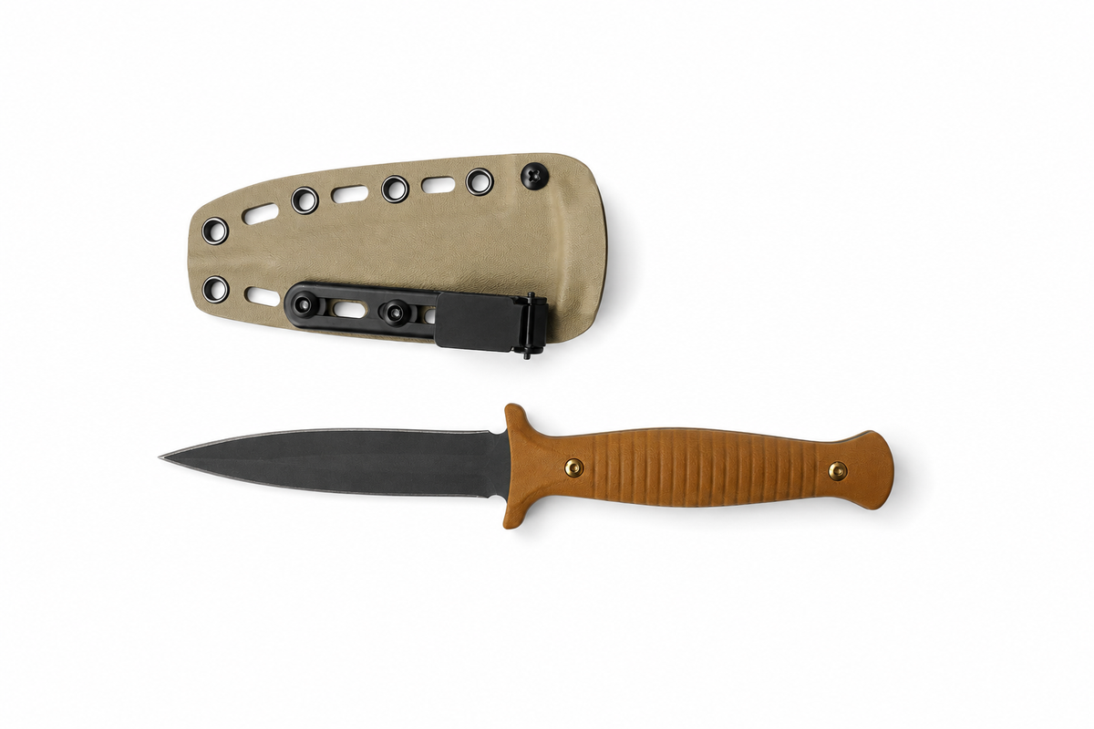 Sandfang fixed blade knife shown with tan sheath