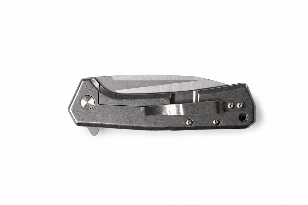 Greyfang folding knife closed rear view with pocket clip