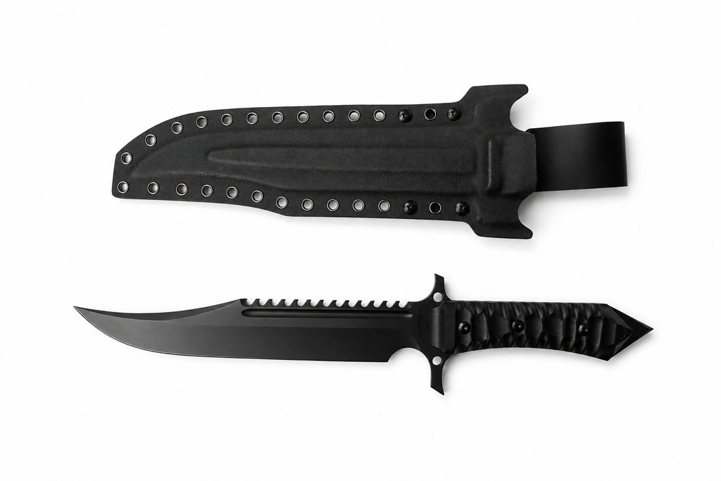 Dreadspine sawback fixed blade knife shown with black sheath