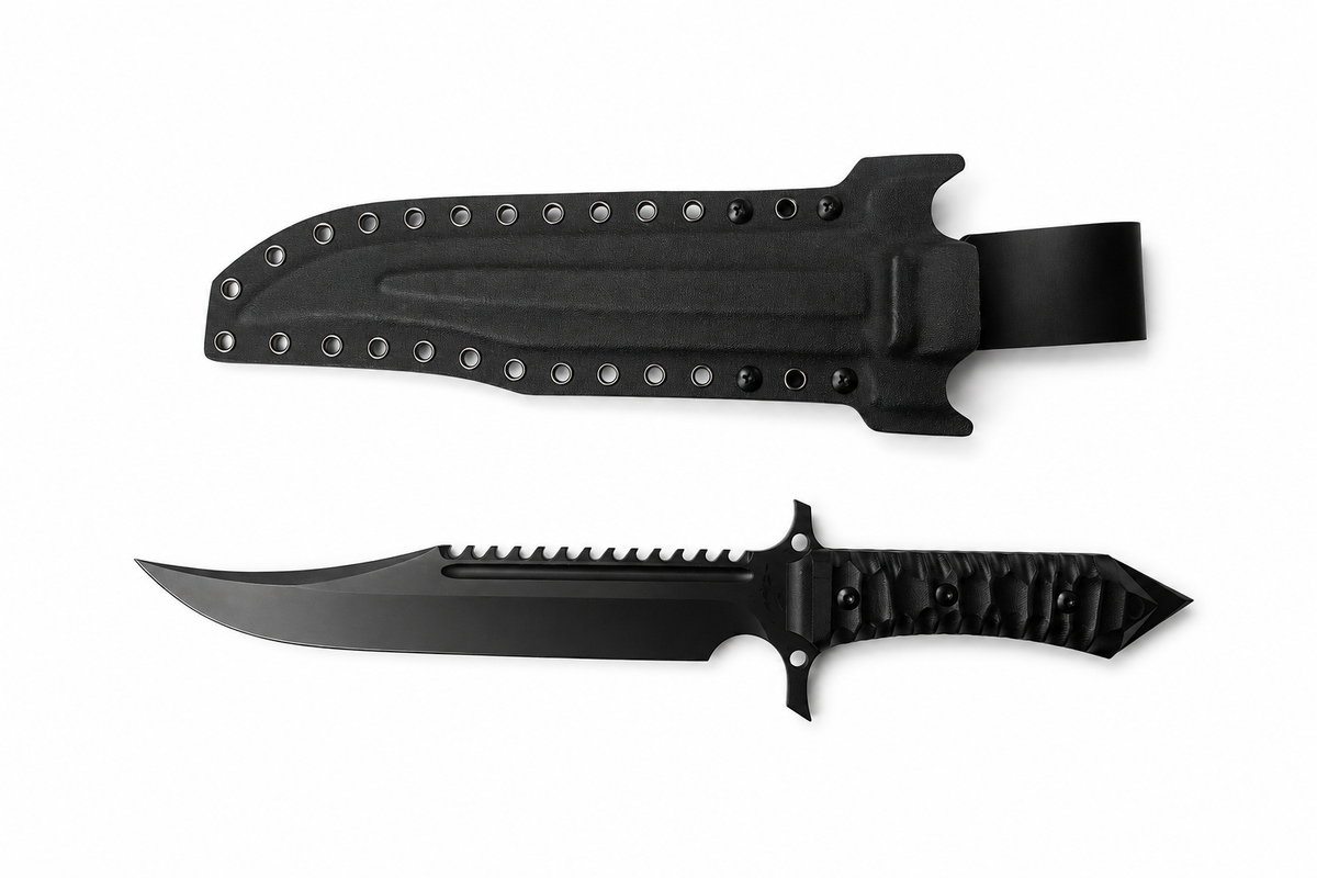 Dreadspine sawback fixed blade knife shown with black sheath