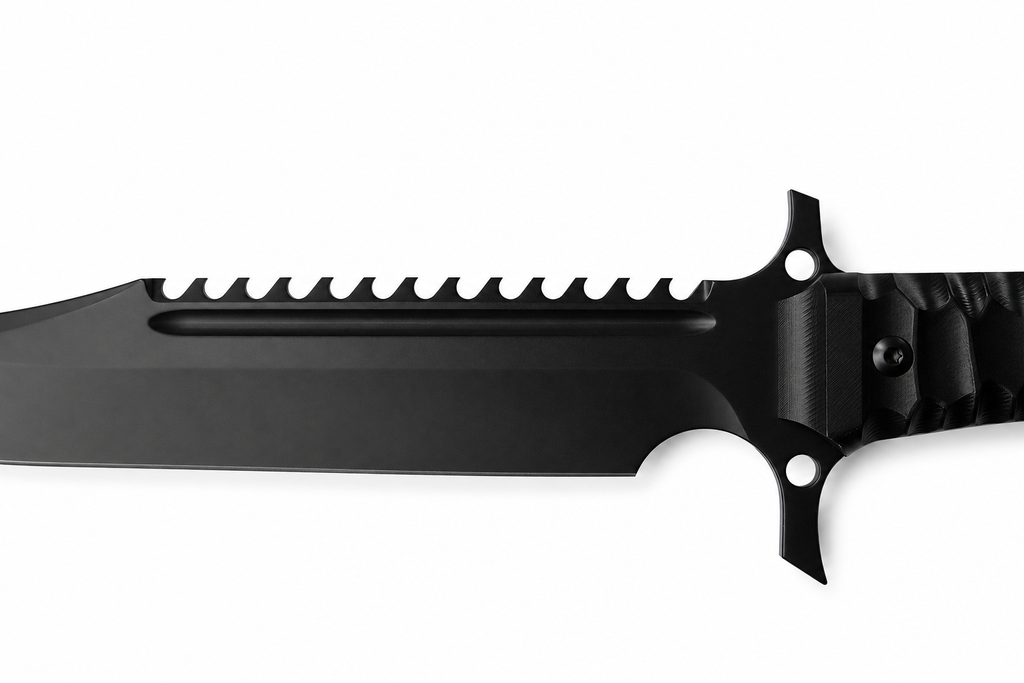 Dreadspine fixed blade knife sawback and blade detail