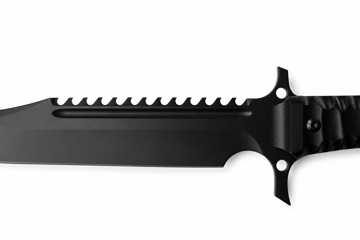 Dreadspine fixed blade knife sawback and blade detail