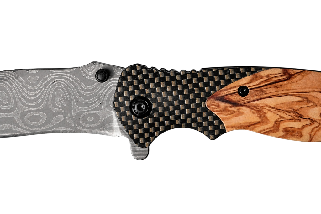 Olivecrest stainless steel folding knife blade detail