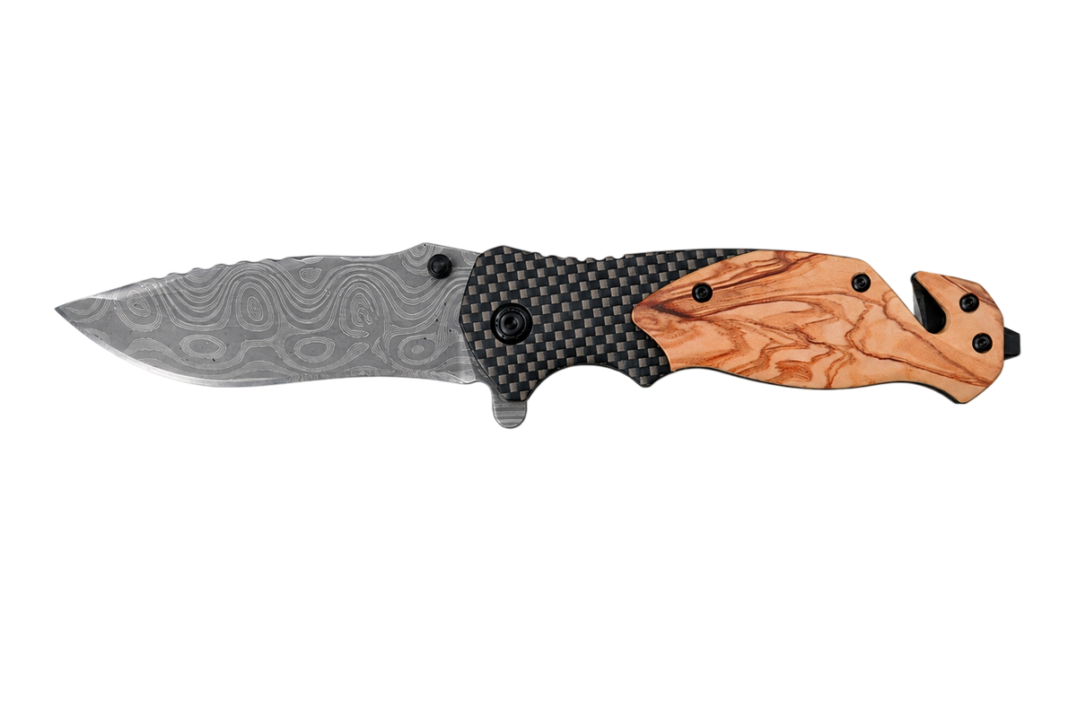Olivecrest Damascus-style folding knife by VALKRON