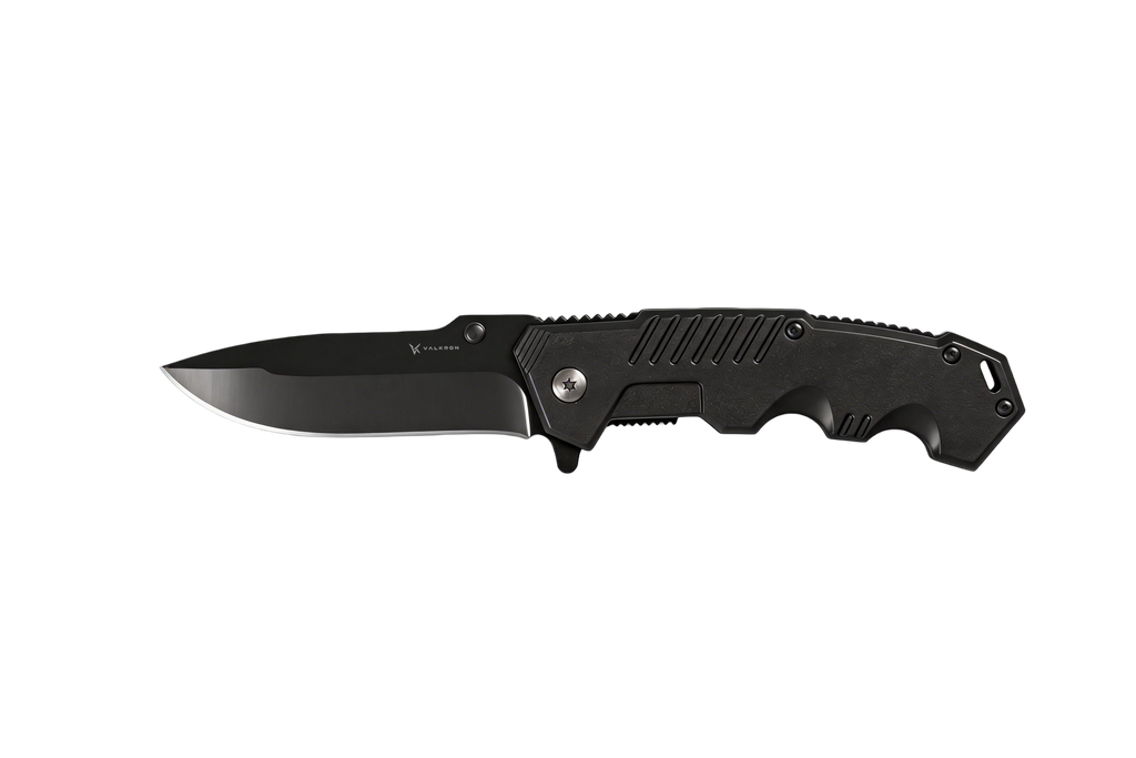 Ridgeback black folding pocket knife open view by VALKRON
