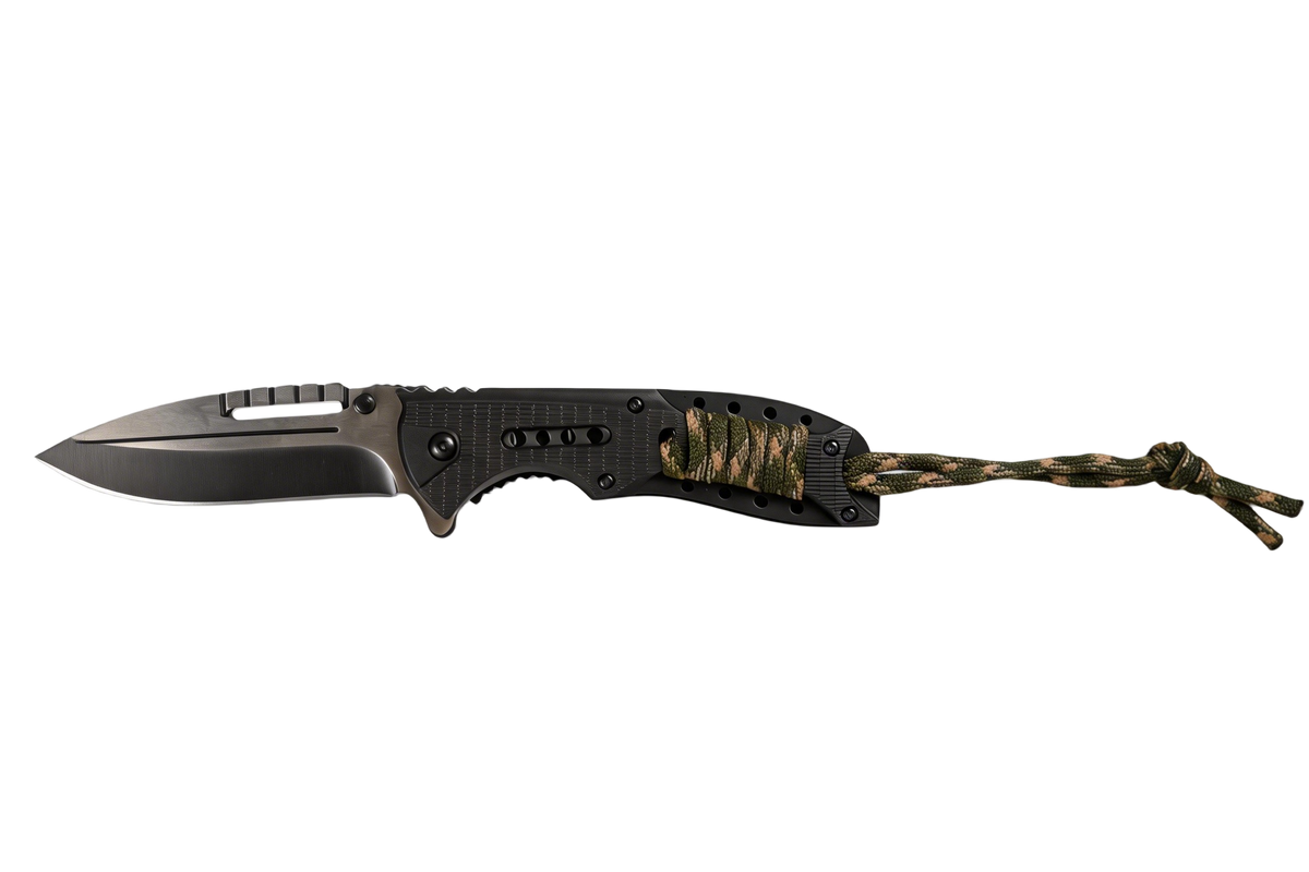 Pathfinder outdoor folding knife shown with lanyard by VALKRON