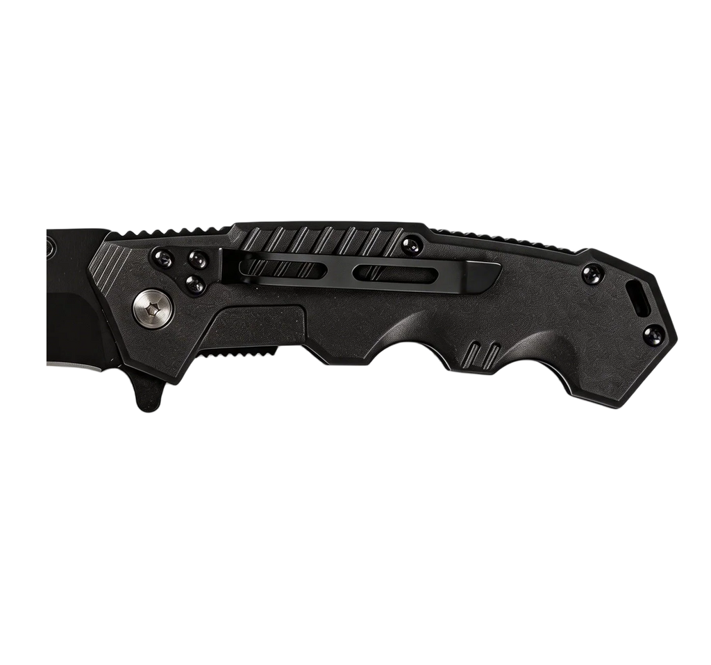 Ridgeback black folding pocket knife closed rear view