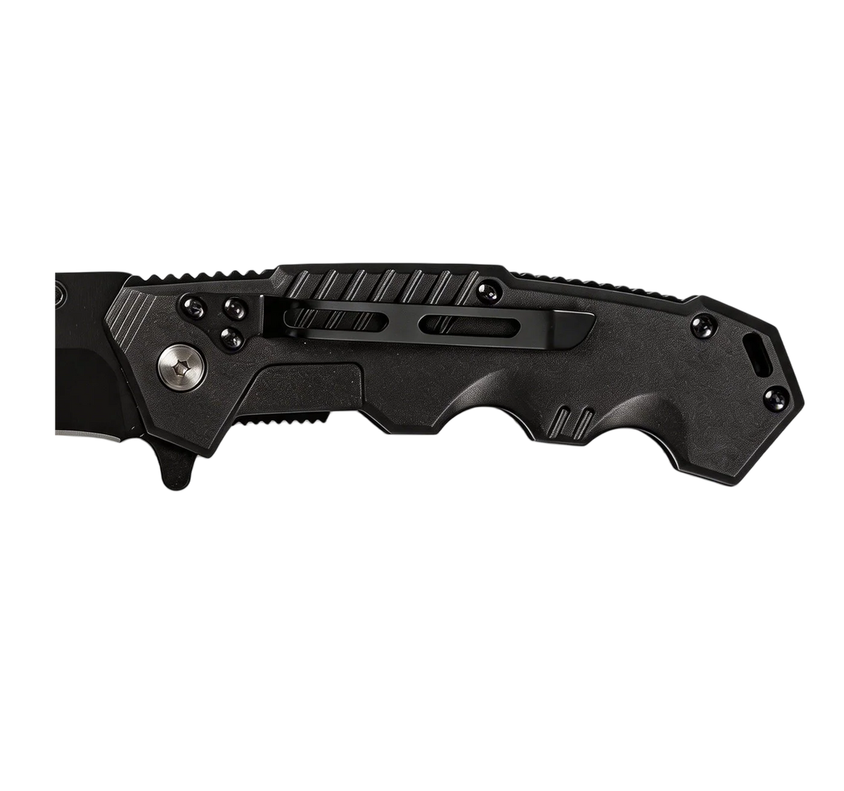 Ridgeback black folding pocket knife closed rear view